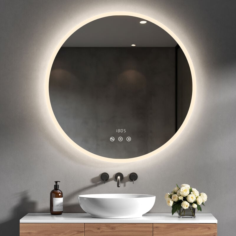Miroir Salle de Bain Rond led 80 cm – Bluetooth + Anti-buée + Horloge + Température – Miroir Lumineux IP65 Design Moderne pour Salle d'Eau - Heilmetz