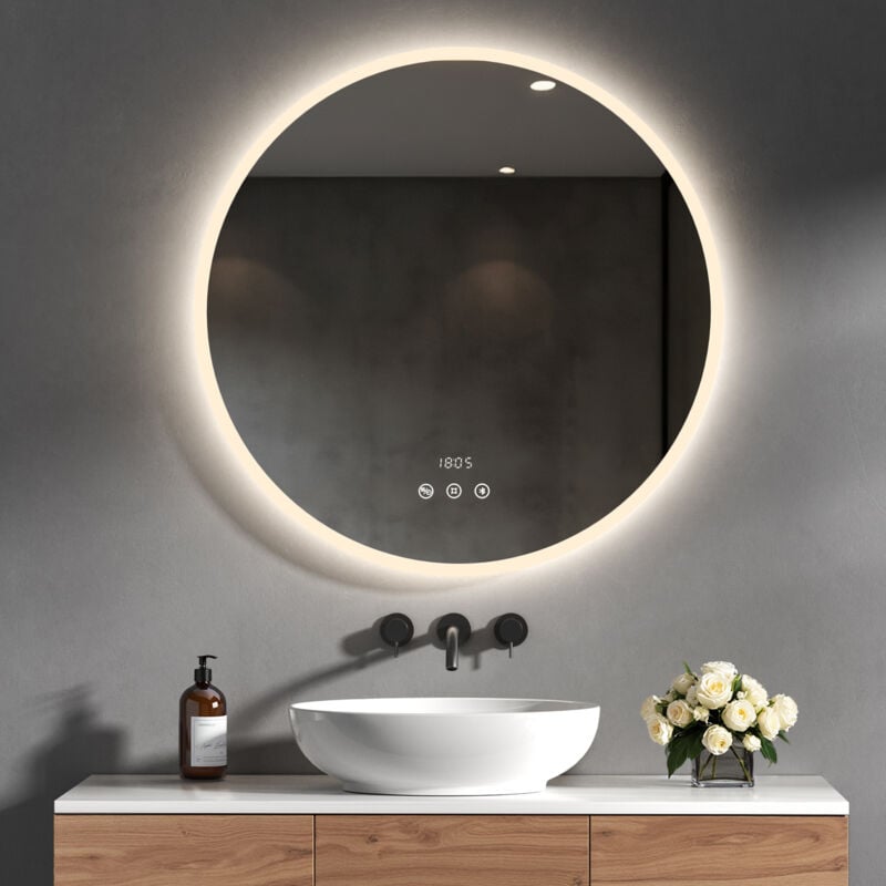 Miroir Salle de Bain Rond led 70 cm – Bluetooth + Anti-buée + Horloge + Température – Miroir Lumineux IP65 Design Moderne pour Salle d'Eau - Heilmetz