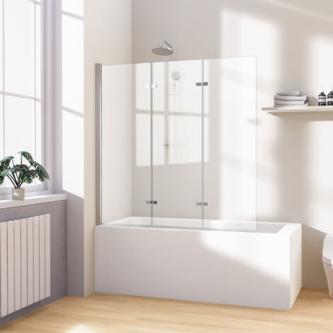 Heilmetz – Pare-baignoire pivotant 120x140cm – 3 volets en verre de sécurité 6mm – Pliable et pivotant à 180° – Revêtement Nano anti-salissures