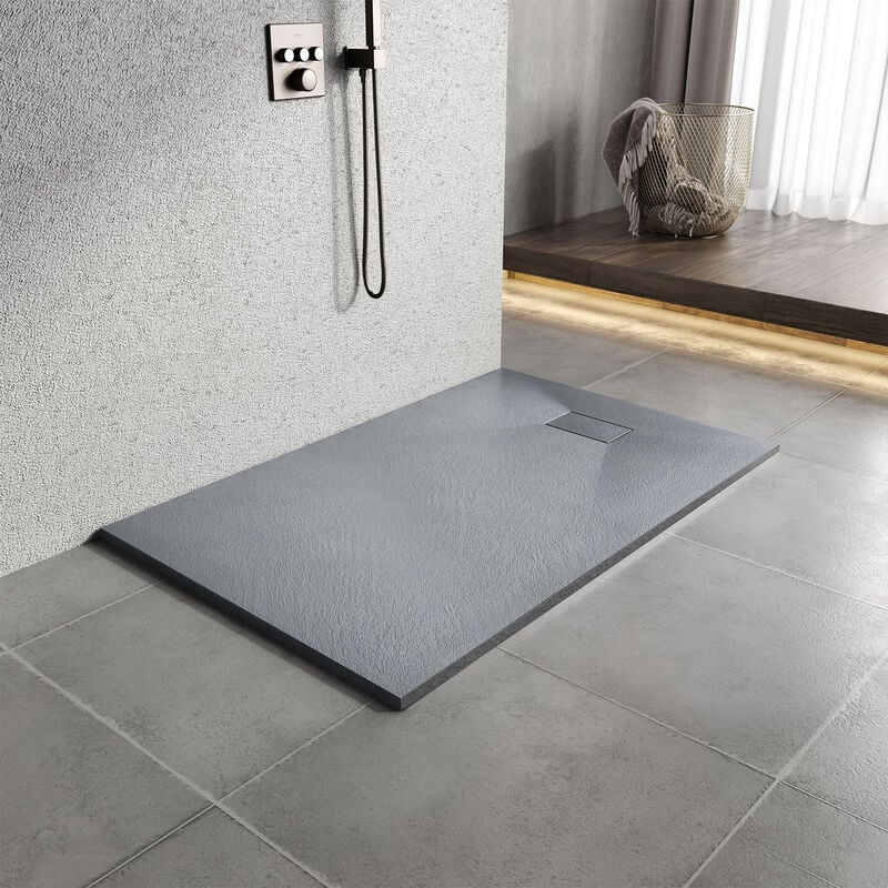 Receveur de Douche l. 90 x l. 90 cm Gris Rectangulaire Semblable à la Pierre Bac à Douche Extra-Plat en smc, Drainage Rapide - Heilmetz