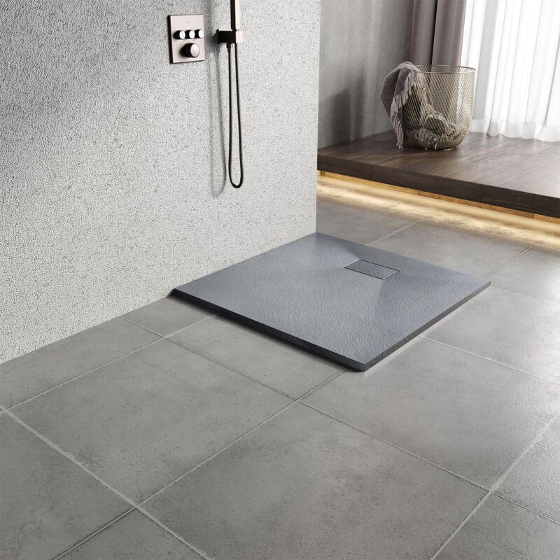 Heilmetz Receveur de Douche L. 90 x l. 90 cm Gris Carré Semblable à la Pierre Bac à Douche Extra-Plat en SMC, Drainage Rapide