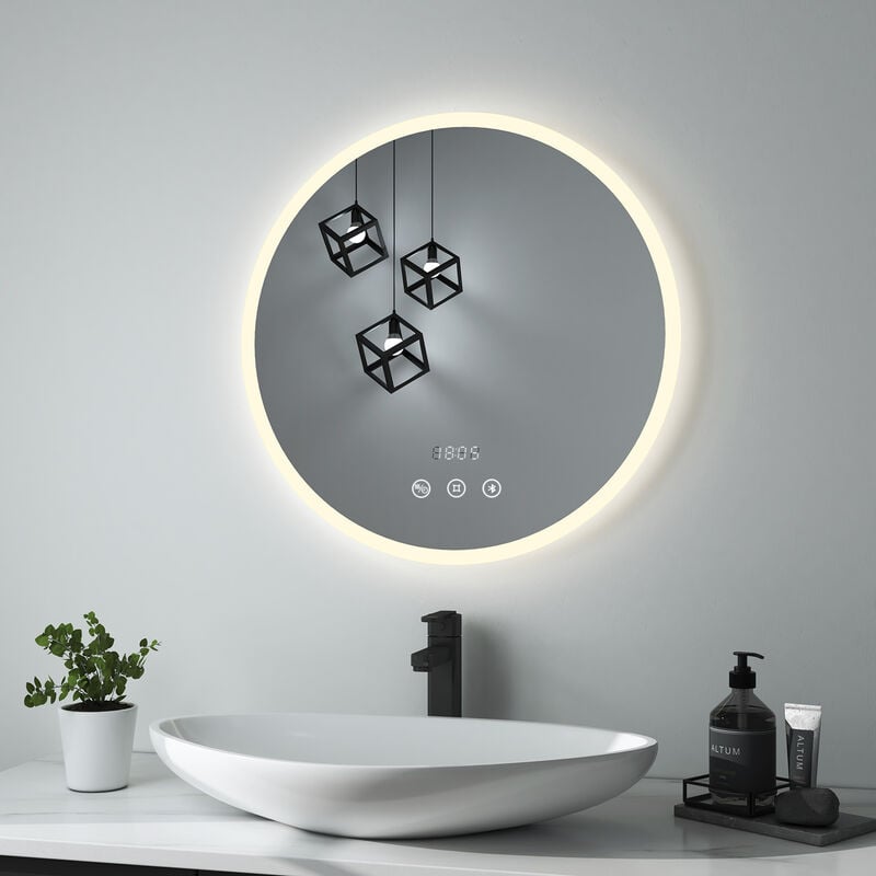 Heilmetz - Retroilluminato Rotondo led Specchio Antiappanamento Impermeabile IP44 con Orologio e Luce Regolabile, Luce Naturale 4300K, Diametro: 60cm