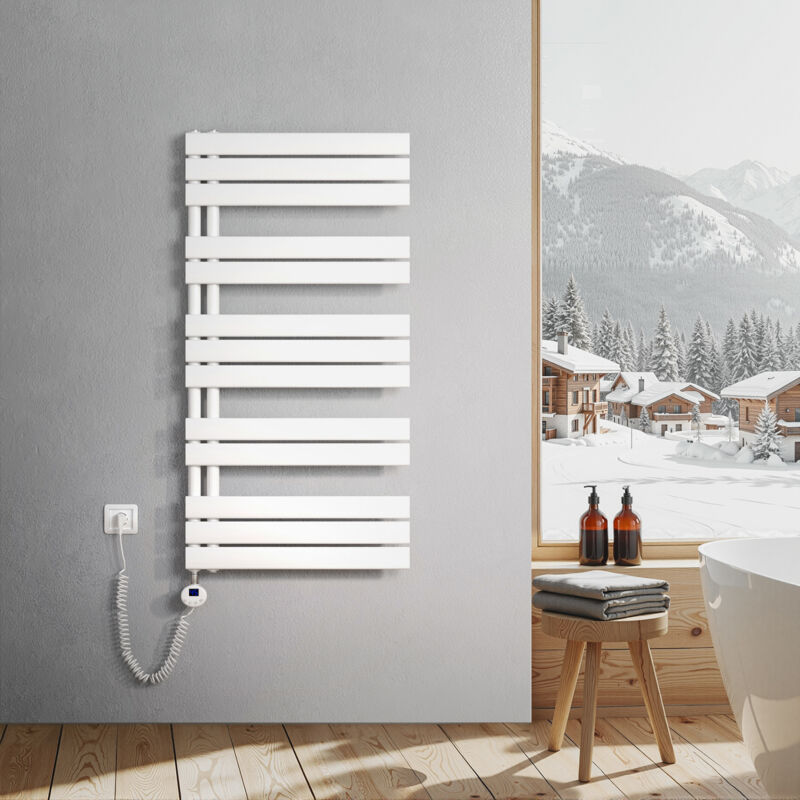 Heilmetz - Sèche-Serviettes Electrique, radiateur sèche-Serviettes Plat avec Timing Elément de Electrique, raccordement latéral, Blanc, 120x60cm, 600W