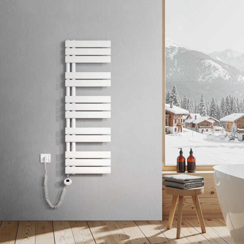 Sèche-Serviettes Electrique, radiateur sèche-Serviettes Plat avec Timing Elément de Electrique, raccordement latéral, Blanc, 120x40cm, 600W - Heilmetz