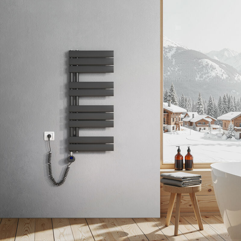 Heilmetz - Sèche-Serviettes Electrique, radiateur sèche-Serviettes Plat avec Timing Elément de Electrique, raccordement latéral, Anthracite, 90x40cm,