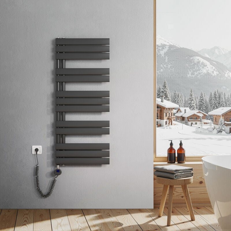 Sèche-Serviettes Electrique, radiateur sèche-Serviettes Plat avec Timing Elément de Electrique, raccordement latéral, Anthracite, 120x50cm, 600W