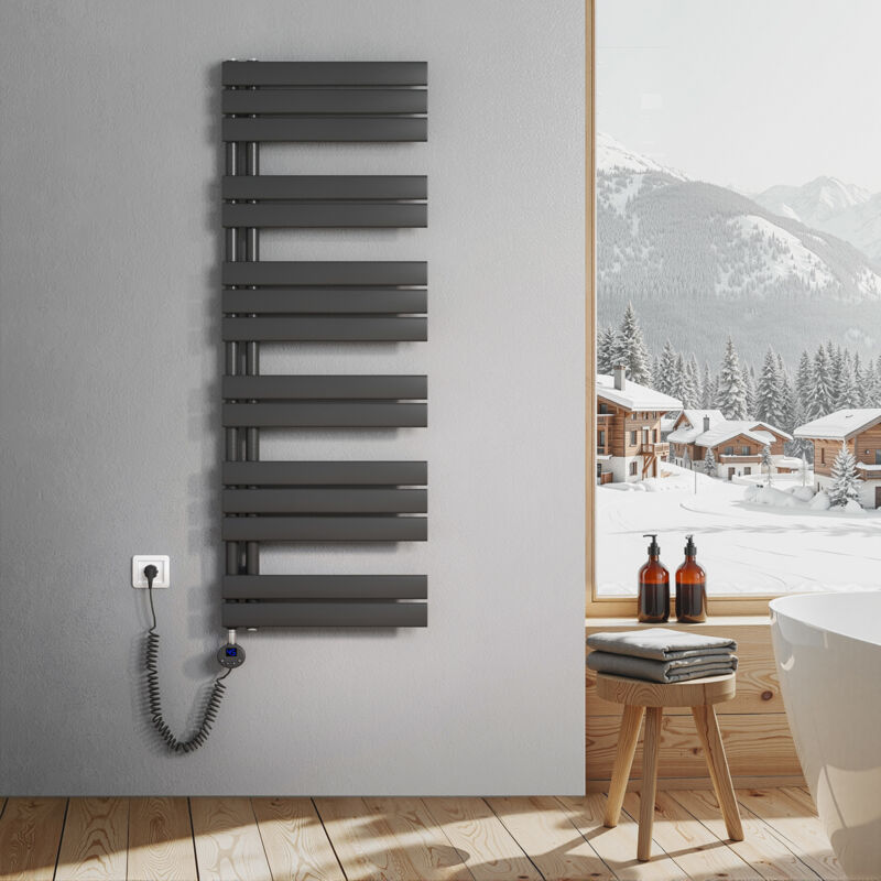 Heilmetz Sèche-Serviettes Electrique, radiateur sèche-Serviettes Plat avec Timing Elément de Electrique, raccordement latéral, Anthracite, 140x50cm,