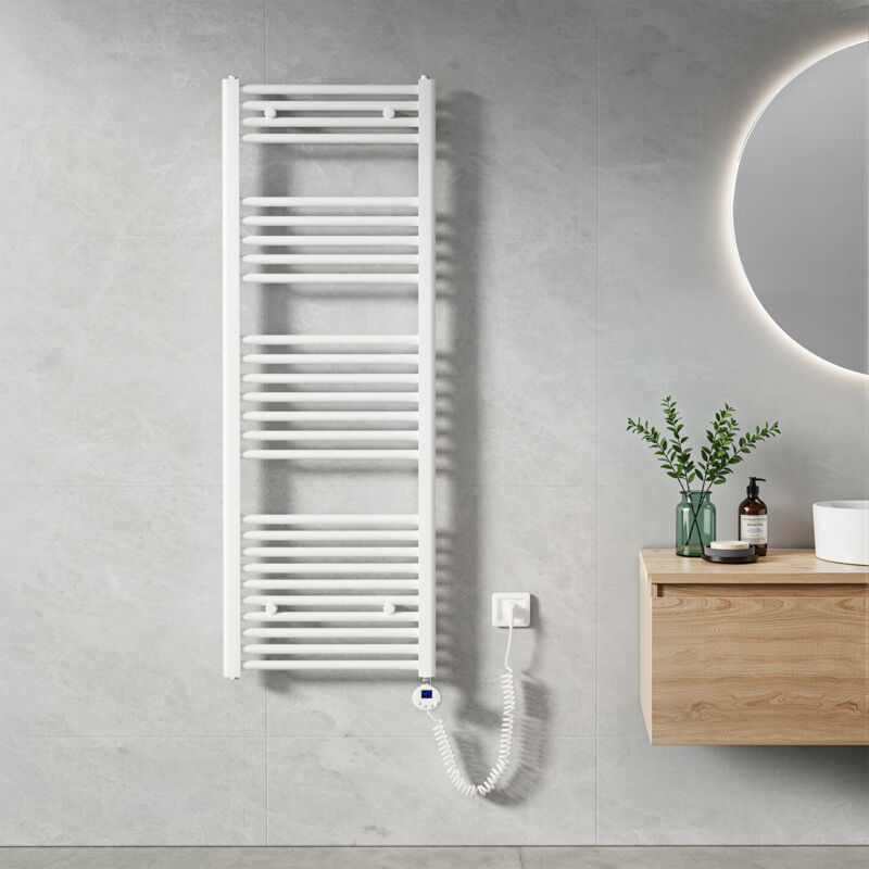 Heilmetz - Sèche Serviette électrique 140 x 50 cm, Blanc Tubes Ronds Radiateur Mural Salle de Bain avec Timing Elément de Chauffage Electrique