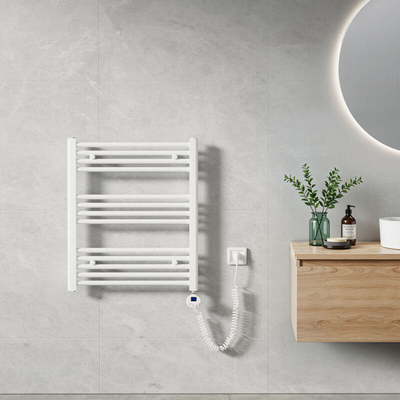 Sèche Serviette électrique 70 x 60 cm, Blanc Tubes Ronds Radiateur Mural Salle de Bain avec Timing Elément de Chauffage Electrique - Heilmetz