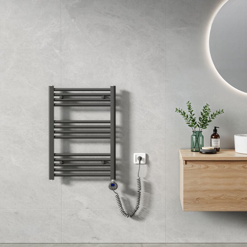 Sèche Serviette électrique 70 x 50 cm, Anthracite Tubes Ronds Radiateur Mural Salle de Bain avec Timing Elément de Chauffage Electrique - Heilmetz