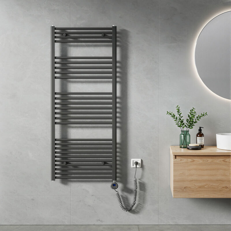 Sèche Serviette électrique 140 x 60 cm, Anthracite Tubes Ronds Radiateur Mural Salle de Bain avec Timing Elément de Chauffage Electrique - Heilmetz