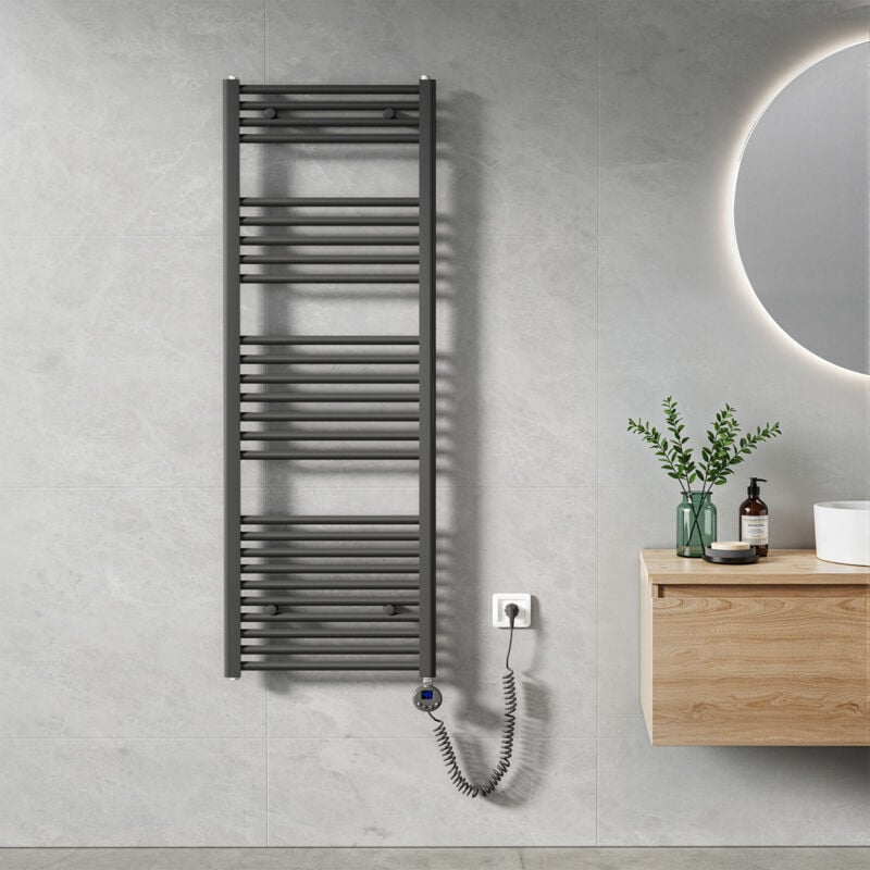 Sèche Serviette électrique 140 x 50 cm, Anthracite Tubes Ronds Radiateur Mural Salle de Bain avec Timing Elément de Chauffage Electrique - Heilmetz