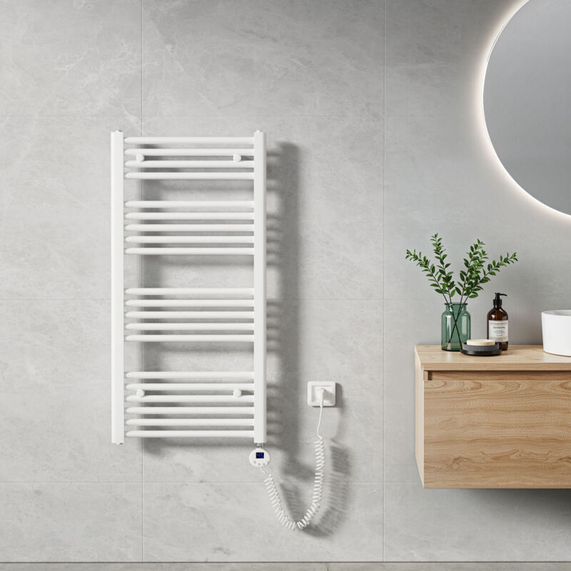 Sèche Serviette électrique 100 x 50 cm, Blanc Tubes Ronds Radiateur Mural Salle de Bain avec Timing Elément de Chauffage Electrique - Heilmetz