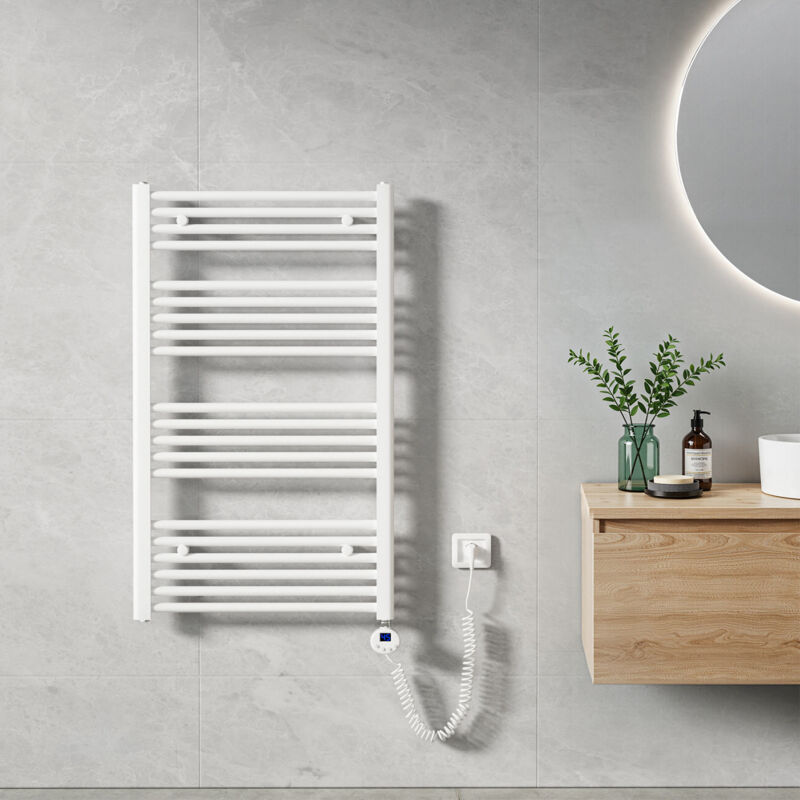 Sèche Serviette électrique 100 x 60 cm, Blanc Tubes Ronds Radiateur Mural Salle de Bain avec Timing Elément de Chauffage Electrique - Heilmetz