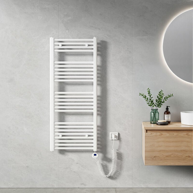 Sèche Serviette électrique 120 x 50 cm, Blanc Tubes Ronds Radiateur Mural Salle de Bain avec Timing Elément de Chauffage Electrique - Heilmetz
