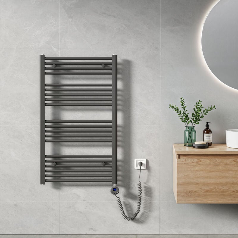 Heilmetz - Sèche Serviette électrique 100 x 60 cm, Anthracite Tubes Ronds Radiateur Mural Salle de Bain avec Timing Elément de Chauffage Electrique