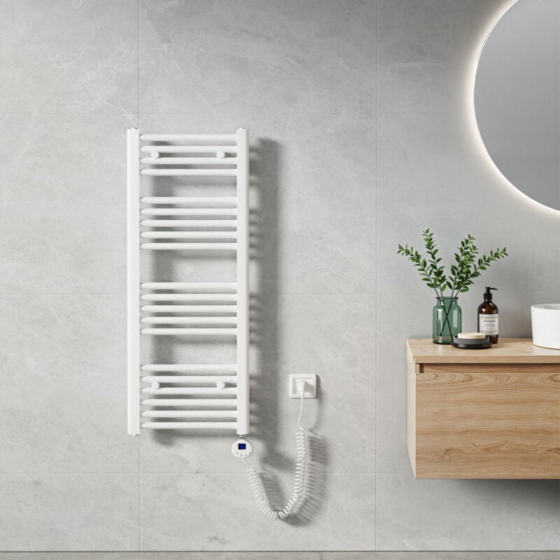 Sèche Serviette électrique 100 x 40 cm, Blanc Tubes Ronds Radiateur Mural Salle de Bain avec Timing Elément de Chauffage Electrique - Heilmetz