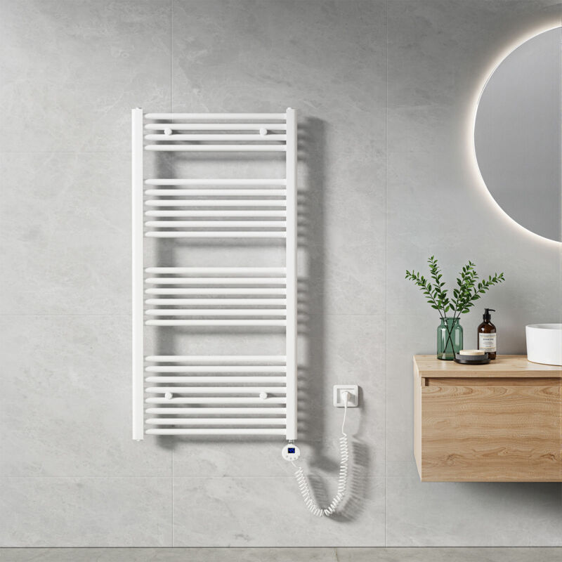 Sèche Serviette électrique 120 x 60 cm, Blanc Tubes Ronds Radiateur Mural Salle de Bain avec Timing Elément de Chauffage Electrique - Heilmetz
