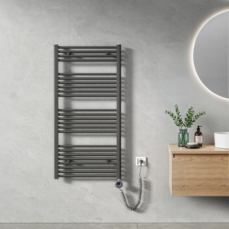 Sèche Serviette électrique 120 x 60 cm, Anthracite Tubes Ronds Radiateur Mural Salle de Bain avec Timing Elément de Chauffage Electrique - Heilmetz