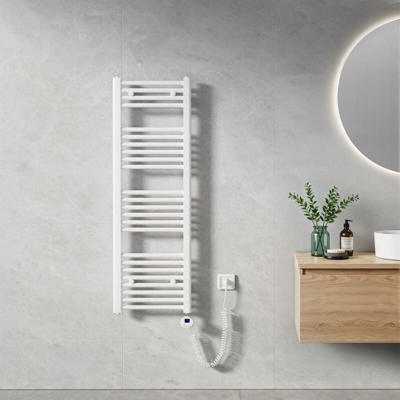 Sèche Serviette électrique 120 x 40 cm, Blanc Tubes Ronds Radiateur Mural Salle de Bain avec Timing Elément de Chauffage Electrique - Heilmetz