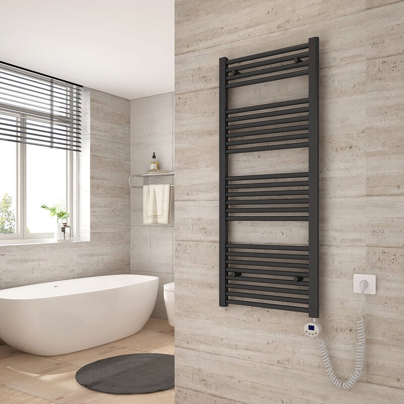 Sèche Serviette électrique 120 x 50 cm, Anthracite Tubes Ronds Radiateur Mural Salle de Bain avec Timing Elément de Chauffage Electrique - Heilmetz