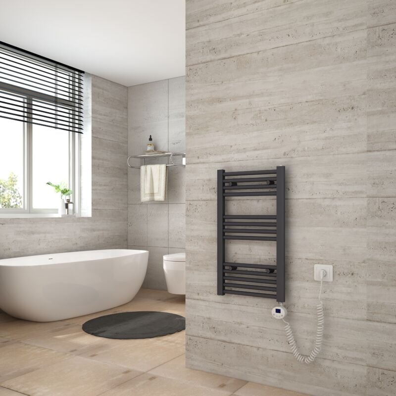 Sèche Serviette électrique 140 x 40 cm, Anthracite Tubes Ronds Radiateur Mural Salle de Bain avec Timing Elément de Chauffage Electrique - Heilmetz