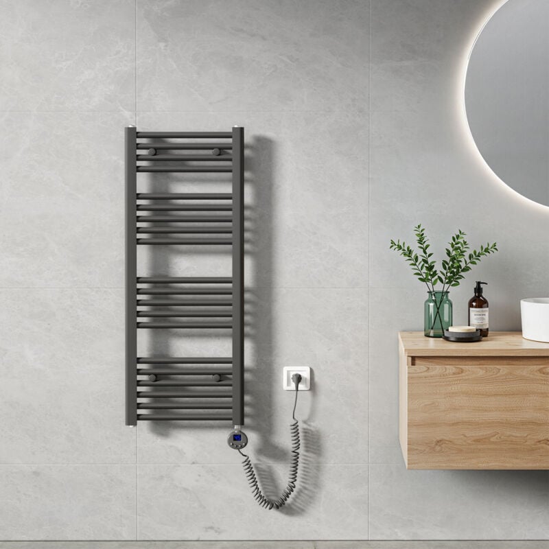 Heilmetz - Sèche Serviette électrique 100 x 40 cm, Anthracite Tubes Ronds Radiateur Mural Salle de Bain avec Timing Elément de Chauffage Electrique