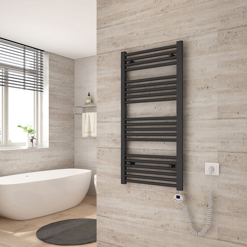 Sèche Serviette électrique 100 x 50 cm, Anthracite Tubes Ronds Radiateur Mural Salle de Bain avec Timing Elément de Chauffage Electrique - Heilmetz