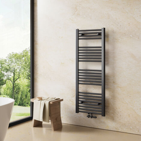 Heilmetz – Sèche-serviette eau chaude 120x40cm 427W – Radiateur anthracite à tubes ronds – Raccordement central – Acier inoxydable