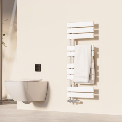 Heilmetz – Sèche-serviette eau chaude 90 x 40 cm – Puissance 380W – Acier inoxydable – Design asymétrique pour séchage rapide – Blanc