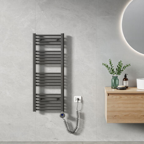 Heilmetz – Sèche-serviette électrique 100x40cm 300W anthracite – Tubes ronds – Chauffage rapide 30s – Montage mural – Élément chauffant avec minuterie