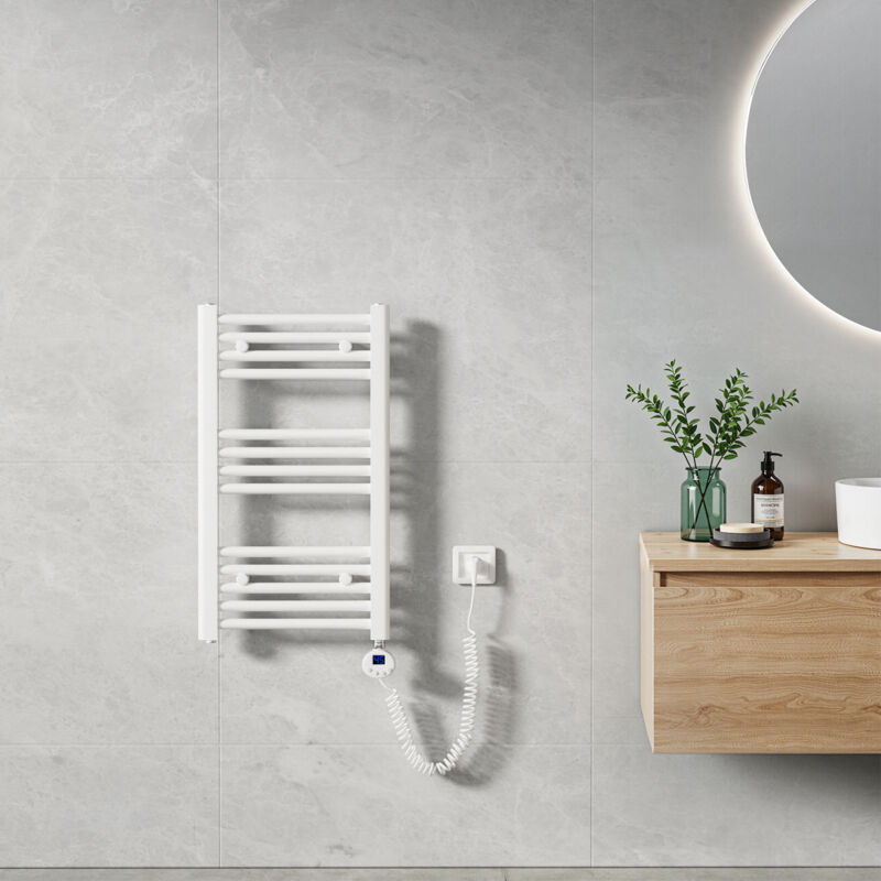 Sèche Serviette électrique 70 x 40 cm, Blanc Tubes Ronds Radiateur Mural Salle de Bain avec Timing Elément de Chauffage Electrique - Heilmetz