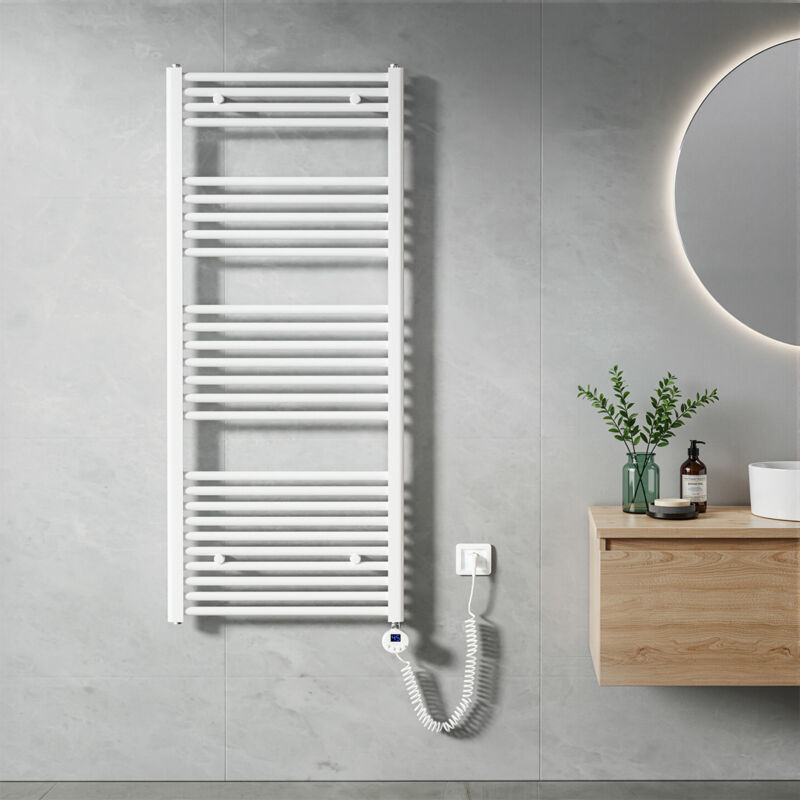 Heilmetz - Sèche Serviette électrique 140 x 60 cm, Blanc Tubes Ronds Radiateur Mural Salle de Bain avec Timing Elément de Chauffage Electrique