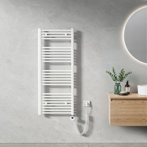Heilmetz Sèche-Serviette électrique 120x50cm 500W Blanc Tubes Ronds Radiateur Mural Salle de Bain avec Timing Élément Chauffant