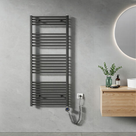 Heilmetz Sèche-Serviette électrique 140x60cm 600W Anthracite Tubes Ronds Radiateur Mural Salle de Bain avec Timing Élément Chauffant