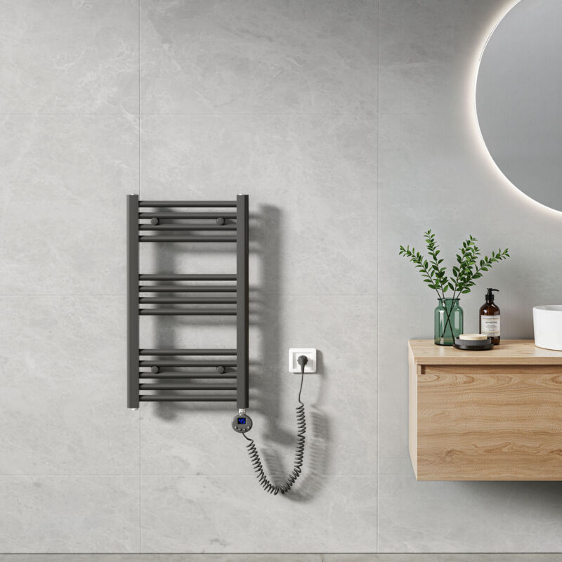 Heilmetz – Sèche-serviette électrique 70x40cm 250W anthracite – Tubes ronds – Minuterie programmable – Chauffage rapide en 30s pour salle de bain