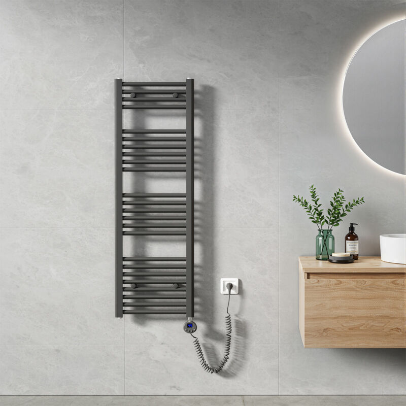 Sèche Serviette électrique 120 x 40 cm, Anthracite Tubes Ronds Radiateur Mural Salle de Bain avec Timing Elément de Chauffage Electrique - Heilmetz