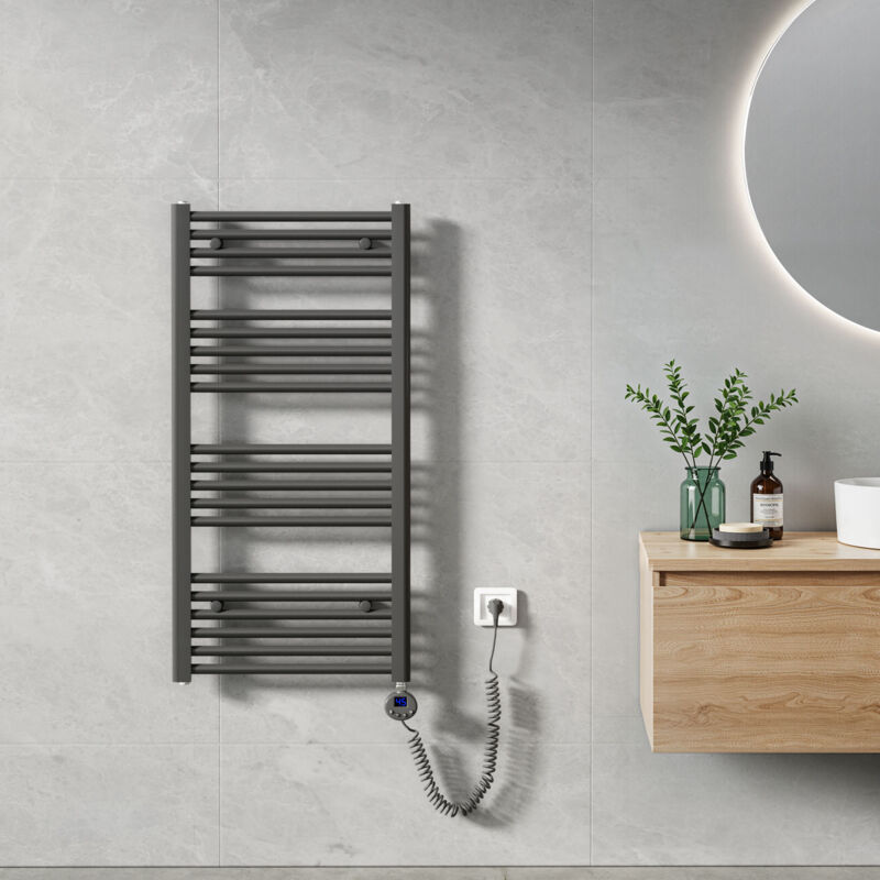 Sèche Serviette électrique 100 x 50 cm, Anthracite Tubes Ronds Radiateur Mural Salle de Bain avec Timing Elément de Chauffage Electrique - Heilmetz
