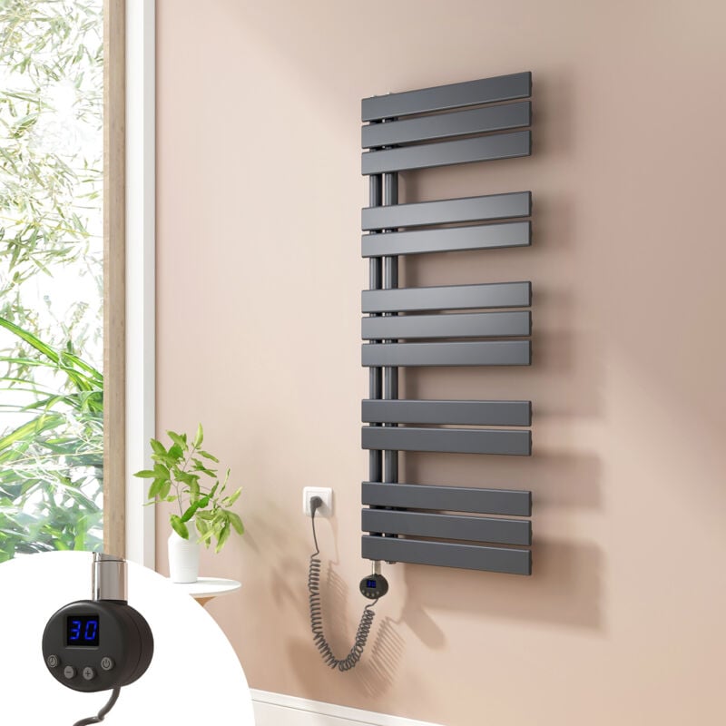 Heilmetz - Sèche-Serviettes électrique Plat, Porte-Serviettes électrique économie d'énergie 1176x500mm Anthracite avec Timing Elément de Chauffage