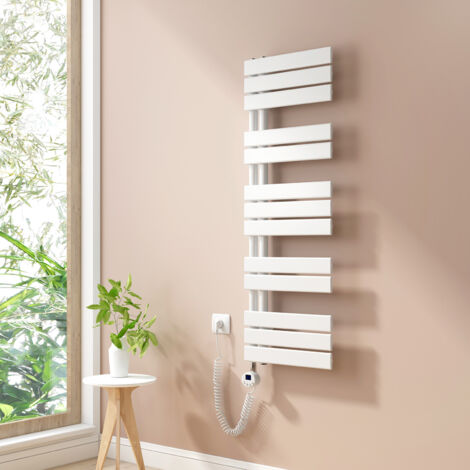 Heilmetz Sèche-Serviettes électrique Plat, Porte-Serviettes électrique économie d'énergie 1176x400mm Blanc avec Timing Elément de Chauffage Electrique