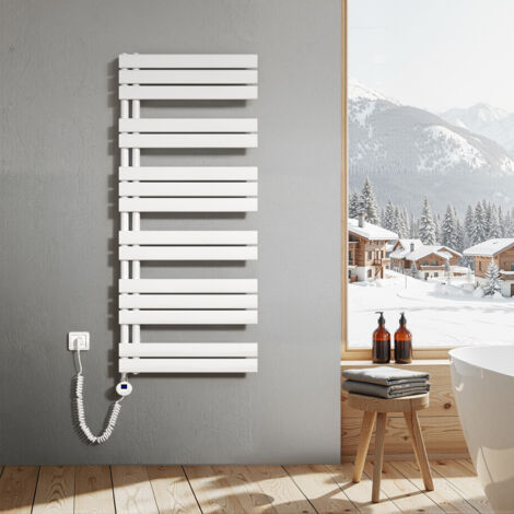 Heilmetz Sèche-Serviettes Electrique, radiateur sèche-Serviettes Plat avec Timing Elément de Electrique, raccordement latéral, Blanc, 1385x600mm, 800W