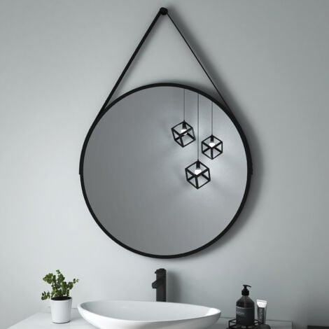 Heilmetz Specchio da bagno Specchio da parete rotondo ф60cm con cinturino nero regolabile Specchio retrò