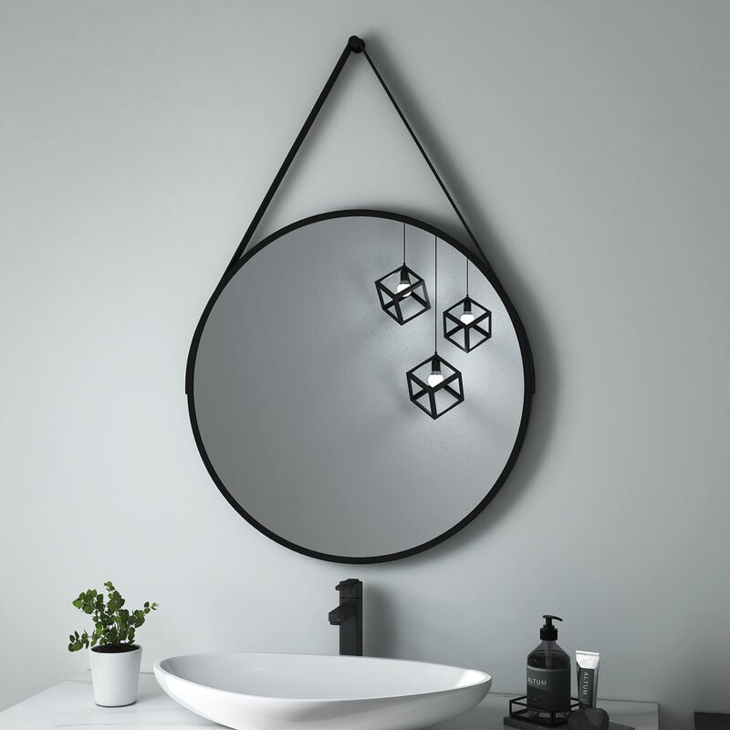 Heilmetz - Specchio da bagno Specchio da parete rotondo ф50cm con cinturino nero regolabile Specchio retrò