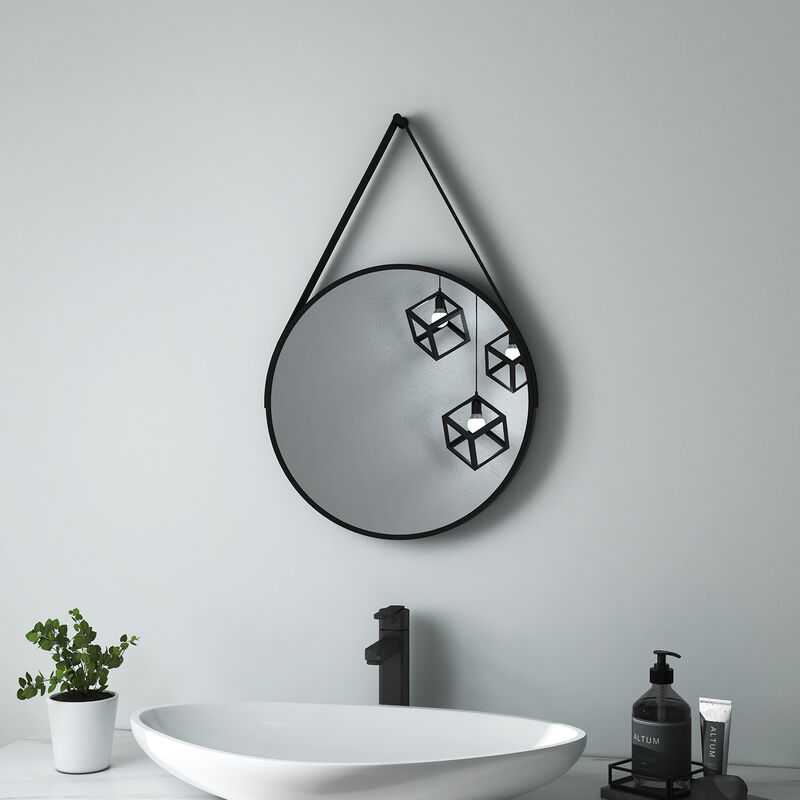 Heilmetz Specchio da bagno Specchio da parete rotondo ф80cm con cinturino nero regolabile Specchio retrò