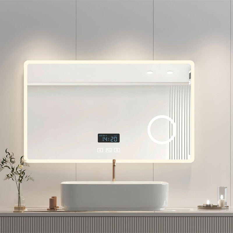 Heilmetz - Specchio Retroilluminato da Bagno con Ingranditore 3x, Anti Appannamento e Bluetooth Specchi Luminosi per Bagno, Luce a 3 Colori