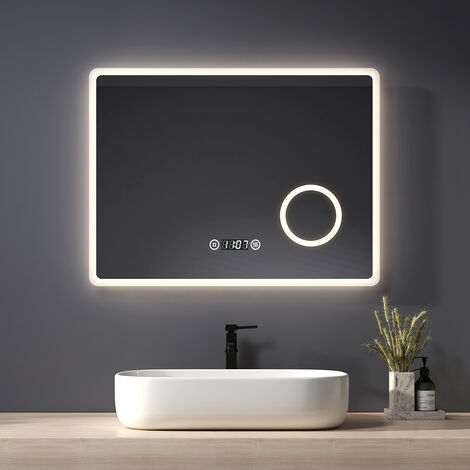 Heilmetz Spejos de Bano con Luz Espejo de Maquillaje con 3 aumentos Interruptor Táctil Desempañado Iluminación de lámparas de 3 colores 80x60cm