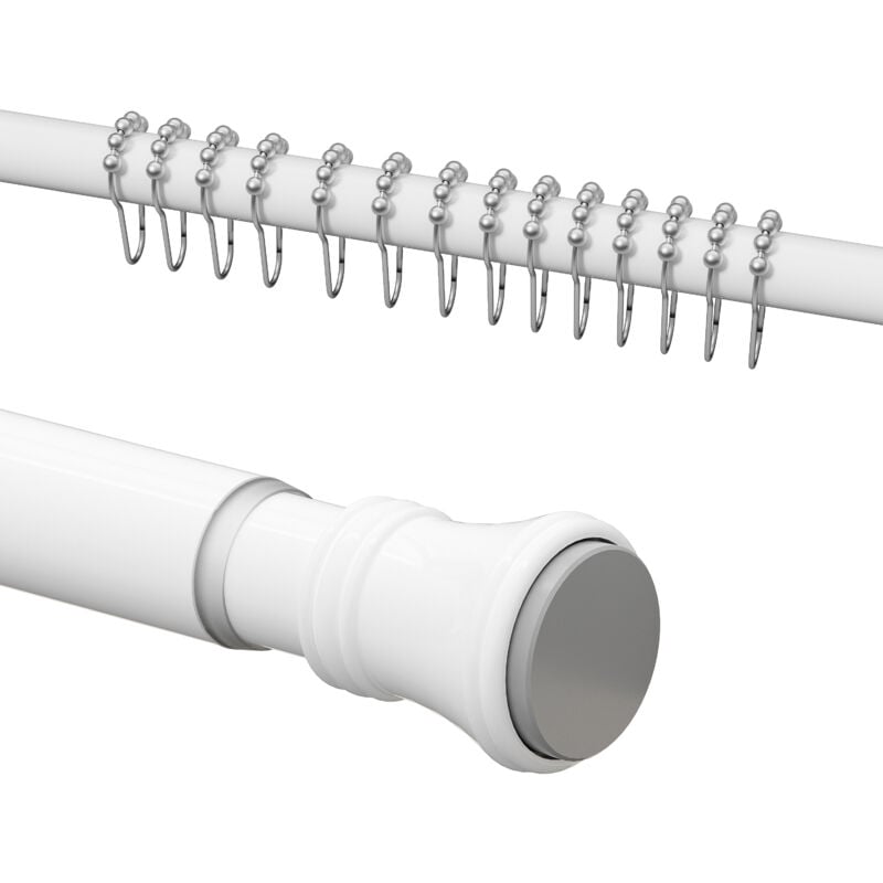 Tringle télescopique 70-110 cm Barre à Tension de Douche, avec 12 crochets, Tube télescopique en acier inox, Blanc - Heilmetz