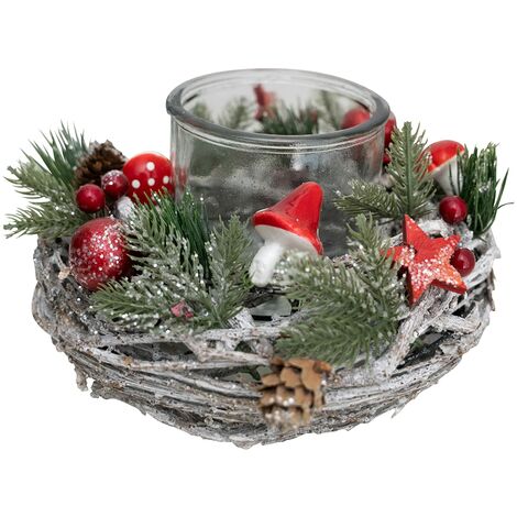 HEITMANN DECO - Corona in rattan con porta tealight in vetro - bianco/verde/rosso - ca. 24 x 24 cm - Stagione dell'Avvento