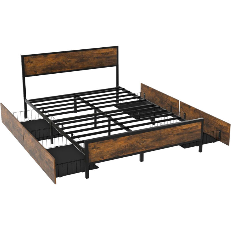 Frankystar - Hekla - Cadre de lit double à lattes en bois et métal avec 4 tiroirs, 162x195 cm couleur marron