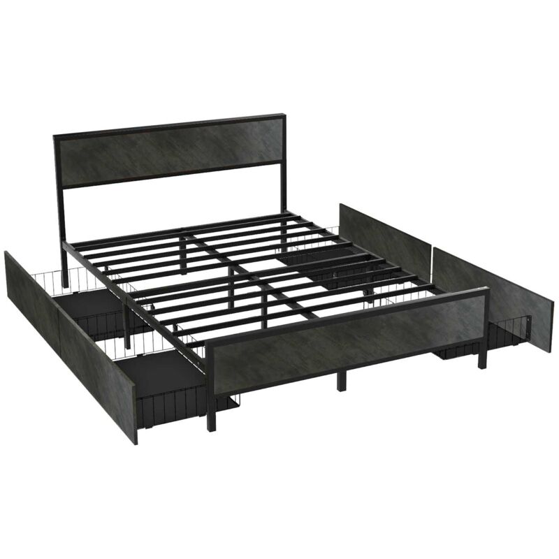 Frankystar - Hekla - Cadre de lit double à lattes en bois et métal avec 4 tiroirs, 162x195 cm couleur ciment